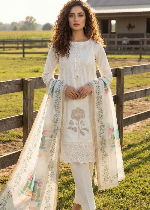 Off White Art Silk Suit With Pastel Dupatta
