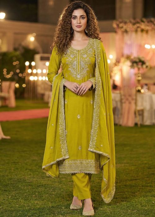Fluorescent Green Suit With Dori Embroidery