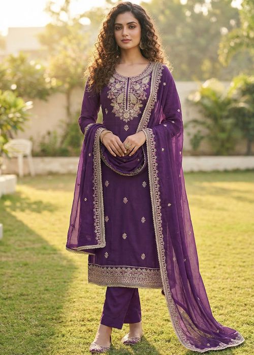 Purple Cotton Silk Suit With Antique Dori Work