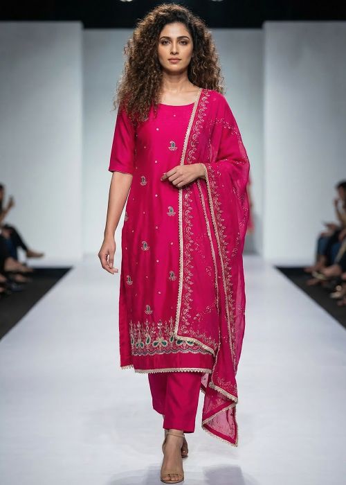 Pink Cotton Silk Suit With Mirror Work
