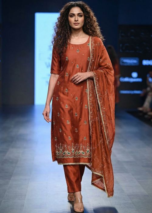 Rust Orange Cotton Silk Suit With Hand Embroidery