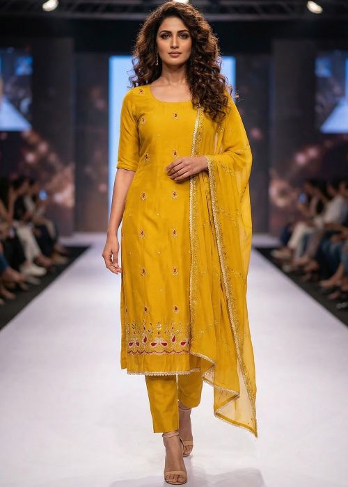 Yellow Cotton Silk Suit With Mirror Accent