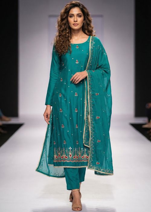 Turquoise Cotton Silk Suit With Handwork Border