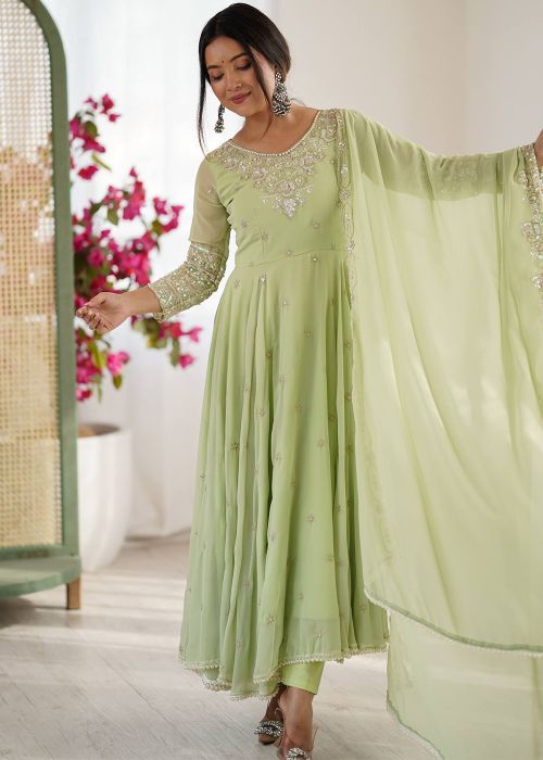 Pista Green Georgette Anarkali Suit With Sequins