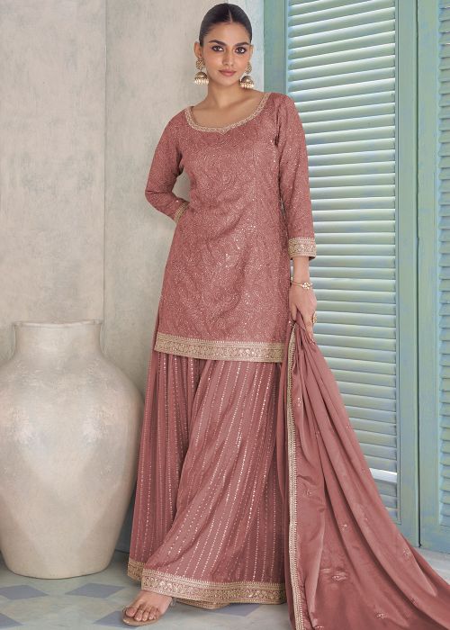 Dusty Rose Pink Palazzo Suit With Sequin Work