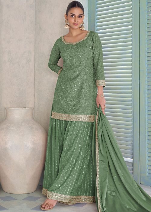 Sage Green Palazzo Suit With Embroidered Sequins