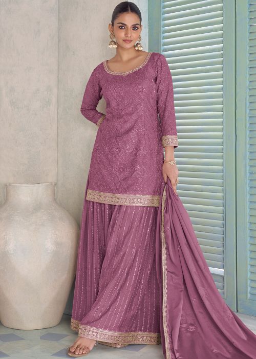 Mauve Purple Chiffon Palazzo Suit With Sequin Detail