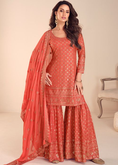 Coral Orange Georgette Gharara Suit With Thread Work
