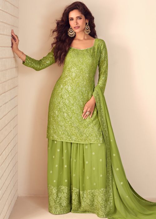 Green Georgette Palazzo Suit With Thread Embroidery