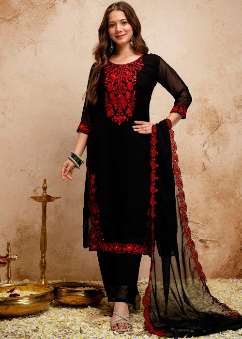 Black Georgette Suit With Red Floral Embroidery