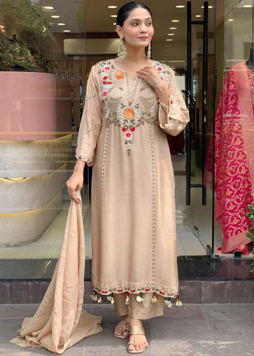 Beige Chanderi Palazzo Suit With Floral Embroidery