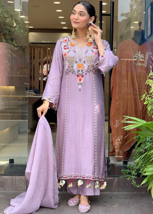 Lavender Chanderi Palazzo Suit With Floral Work