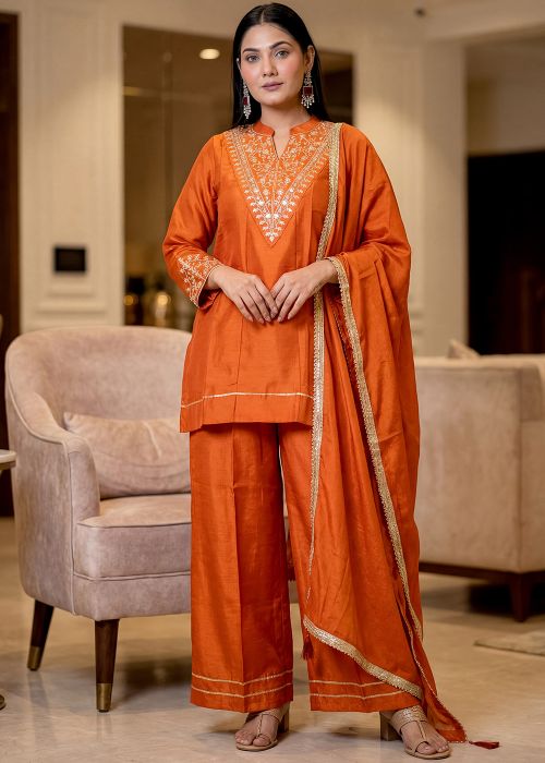 Orange Art Silk Palazzo Suit With Thread Work