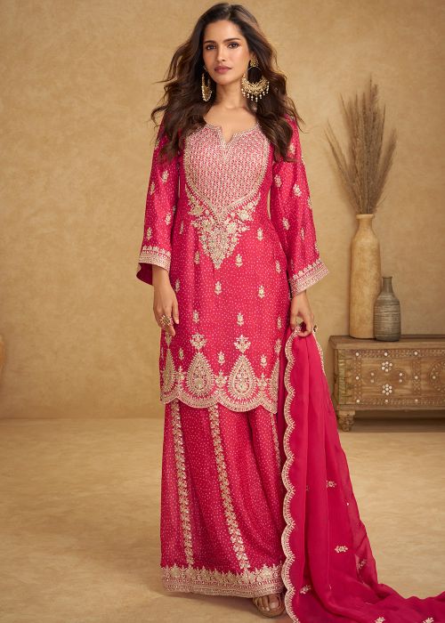 Rani Pink Chiffon Palazzo Suit With Dori Work