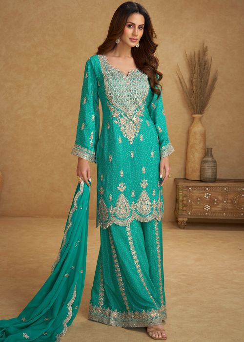 Turquoise Chiffon Palazzo Suit With Bandhej Print