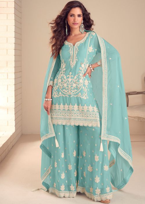 Turquoise Chiffon Sharara Suit With Zari Work