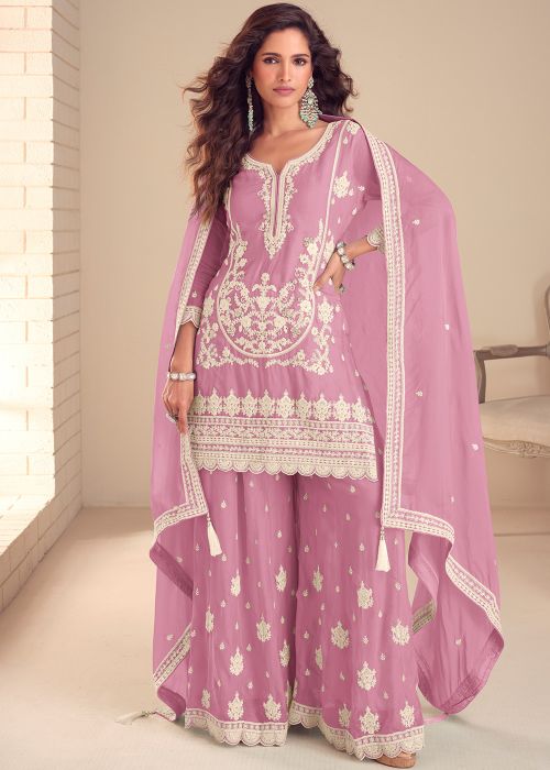 Rose Pink Chiffon Sharara Suit With Zari Embroidery