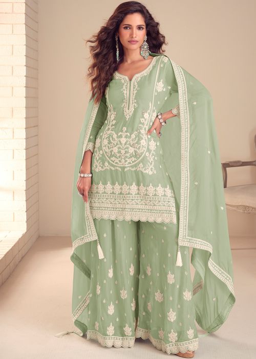 Sage Green Chiffon Sharara Suit With Zari Accent