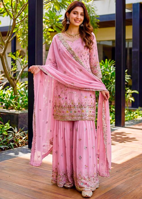 Pink Georgette Palazzo Suit With Sequin Work