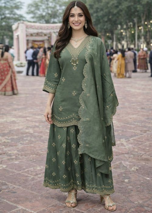 Green Silk Sharara Suit With Sequin Work