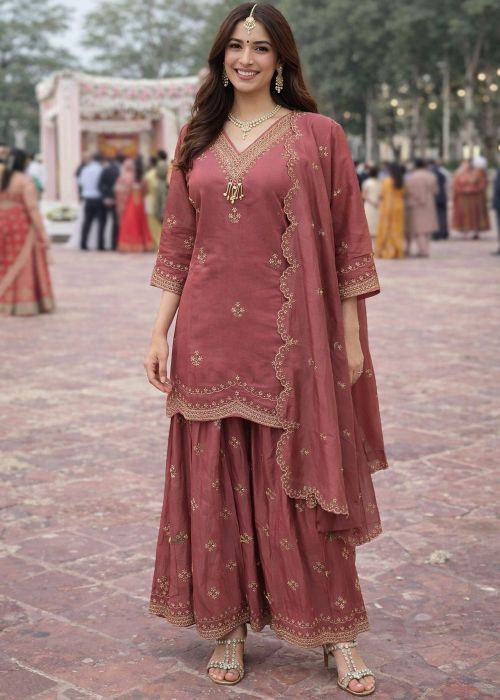 Rose Pink Silk Sharara Suit With Thread Embroidery
