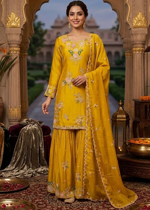 Yellow Viscose Palazzo Suit With Handwork