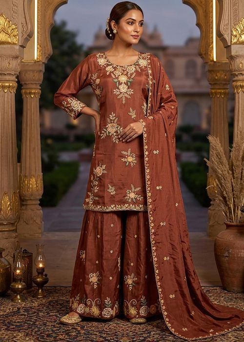 Orange Viscose Palazzo Suit With Floral Handwork