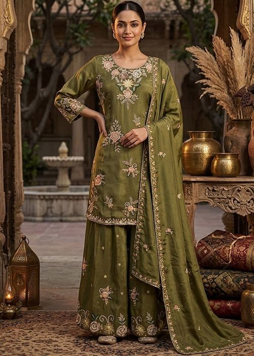 Green Viscose Palazzo Suit With Handwork
