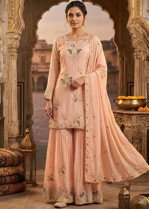 Peach Viscose Palazzo Suit With Thread Work
