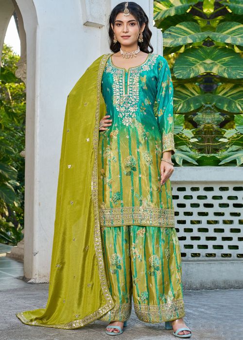Shaded Green Chiffon Palazzo Suit With Zari Embroidery