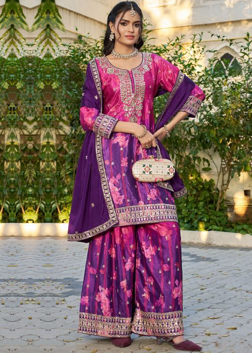 Shaded Purple Chiffon Palazzo Suit With Floral Work