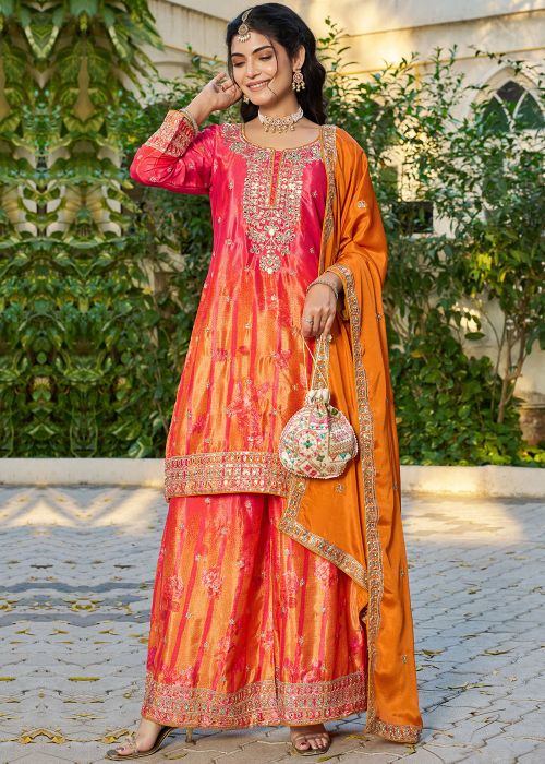Shaded Orange Chiffon Palazzo Suit With Zari Work