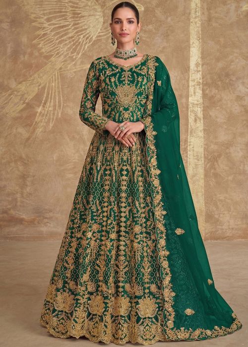 Green Net Anarkali Suit With Zari Detailing