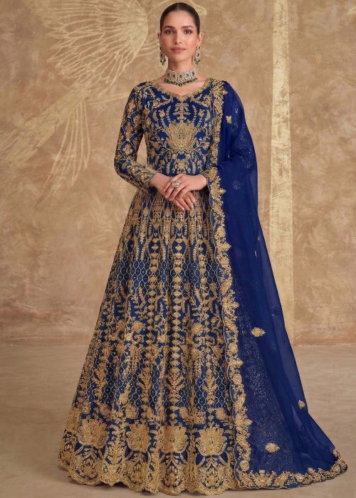 Blue Net Anarkali Suit With Zari Work