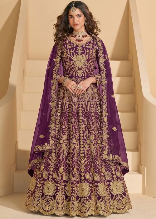 Purple Net Anarkali Suit With Zari Embroidery