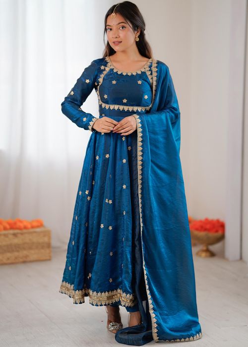 Teal Blue Art Silk Anarkali Suit With Dori Work