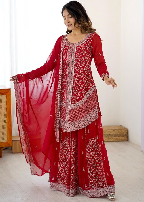 Red Georgette Palazzo Suit With Sequins Work