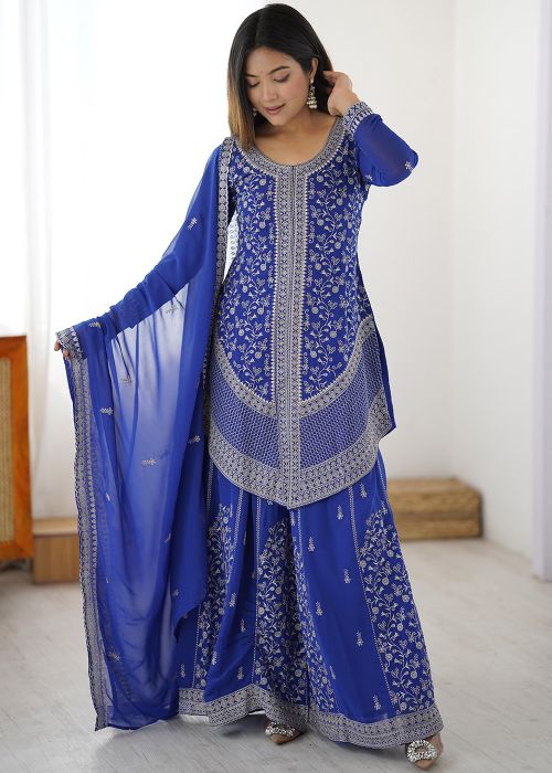 Royal Blue Georgette Palazzo Suit With Thread Embroidery