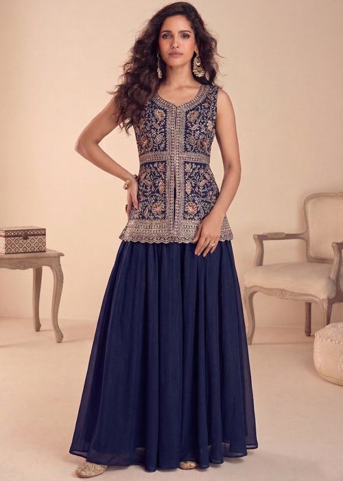 Navy Blue Georgette Palazzo Suit With Zari Embroidery