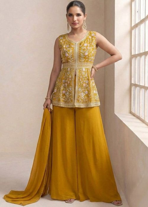 Mustard Yellow Georgette Palazzo Suit With Sequin