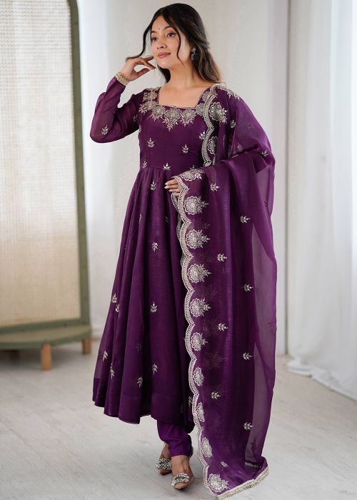 Purple Organza Anarkali Suit With Zari Embroidery
