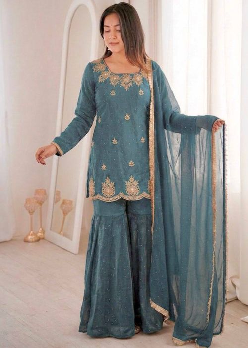 Teal Blue Art Silk Sharara Suit With Zari Accent