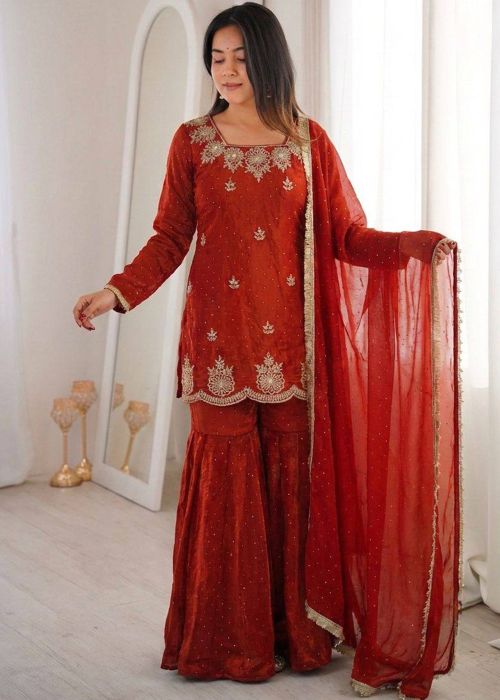 Rust Orange Art Silk Sharara Suit With Zari Work