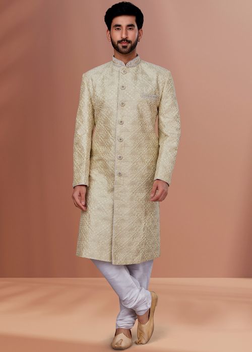 Beige Embroidered Mens Sherwani Set