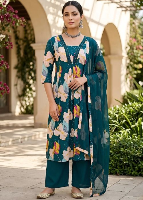 Teal Blue Floral Cotton Pant Suit With Dupatta