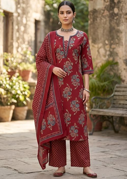 Maroon Floral Printed Cotton Pant Suit With Dupatta