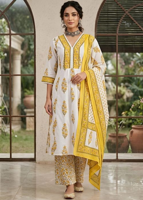 White Cotton Suit With Yellow Print Work