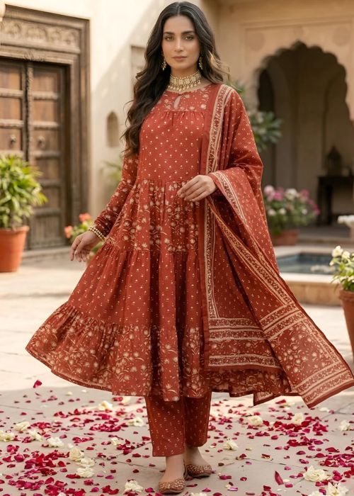 Rust Orange Printed Cotton Anarkali Suit With Dupatta