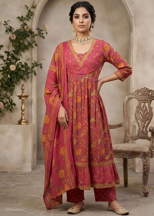 Pink Printed Cotton Anarkali Suit With Dupatta