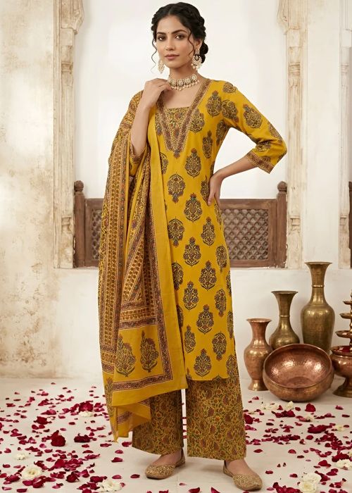 Mustard Yellow Printed Cotton Suit With Dupatta